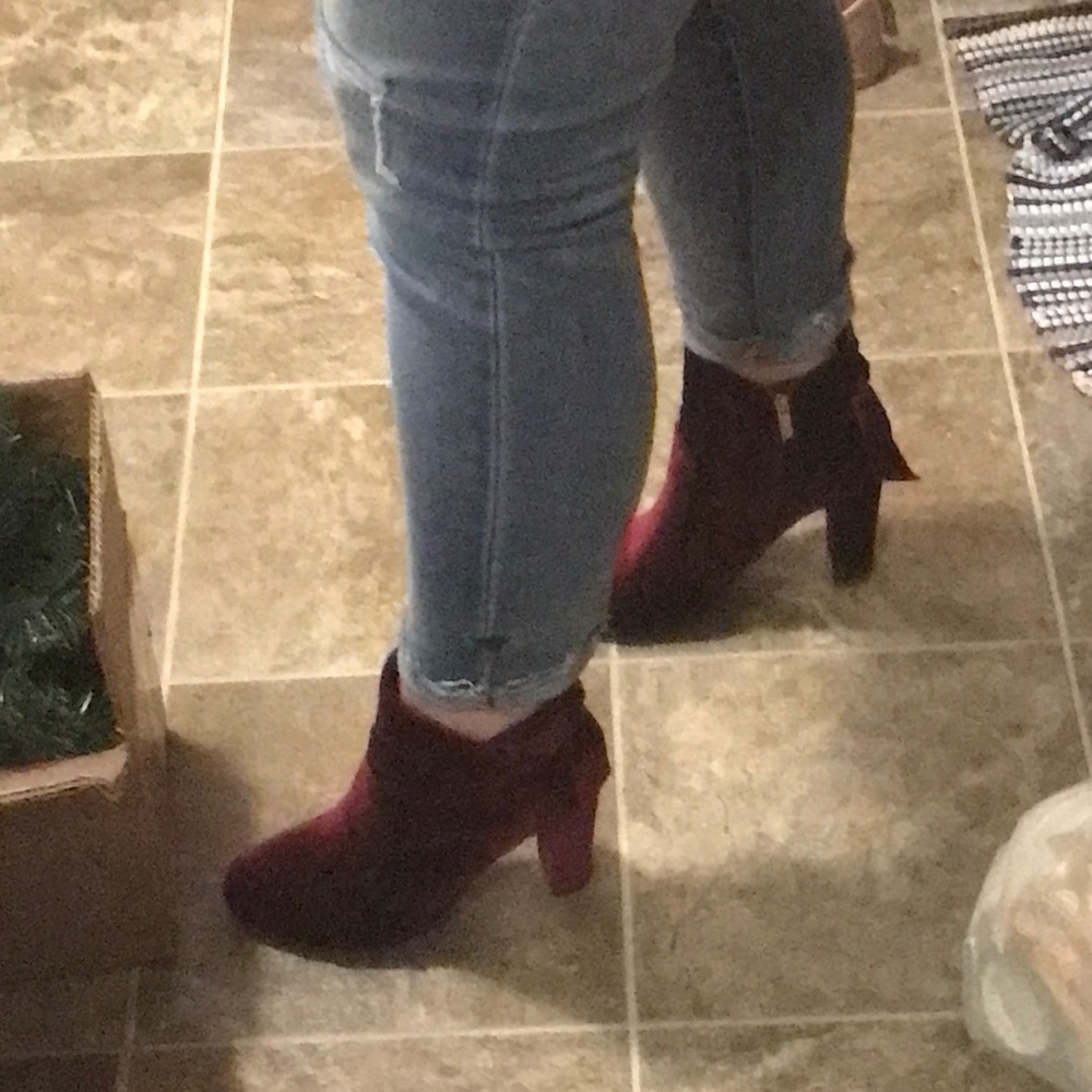 Maroon velvet booties